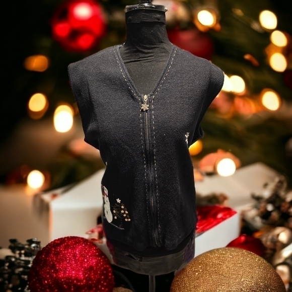 Vintage Woolrich Winter Snowman Applique zip front Vest Black Vest sz XL - Picture 8 of 12